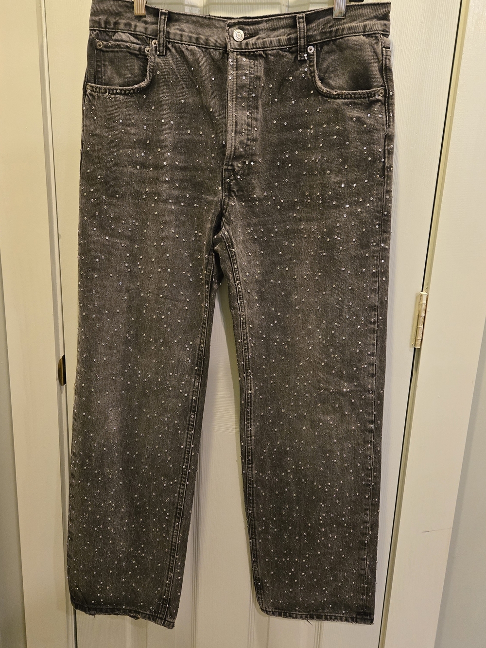 Zara ZW Collection Straight Cut Mid Rise Rhinestone Jeans Charcoal Gray